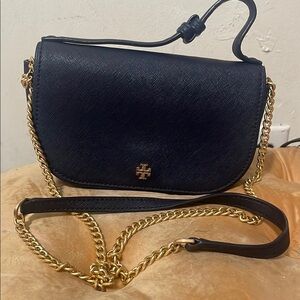 Tory Burch Navy Blue and Gold Crossbody Bag with Flap Closure